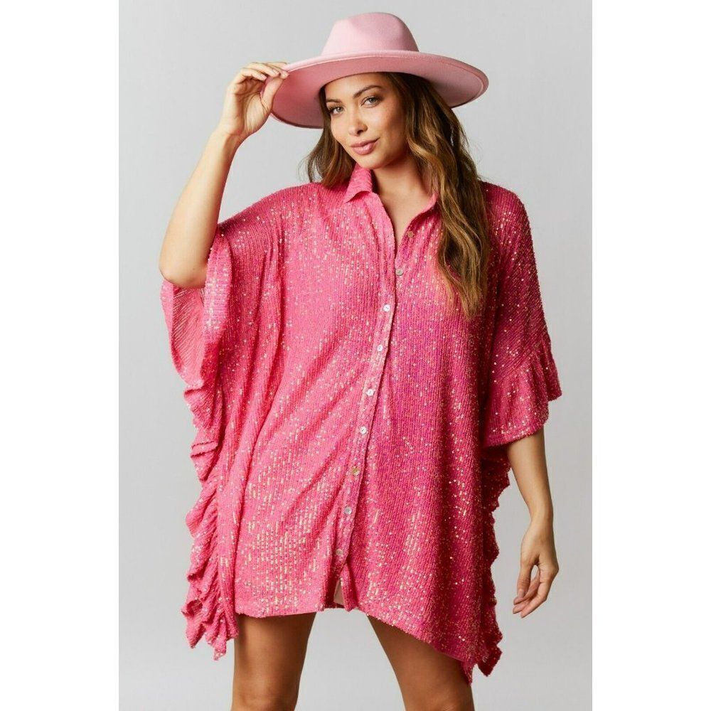 Fantastic Fawn Sweet Dream Sequin Poncho Button-Down Tunic in Pink ift54206-03